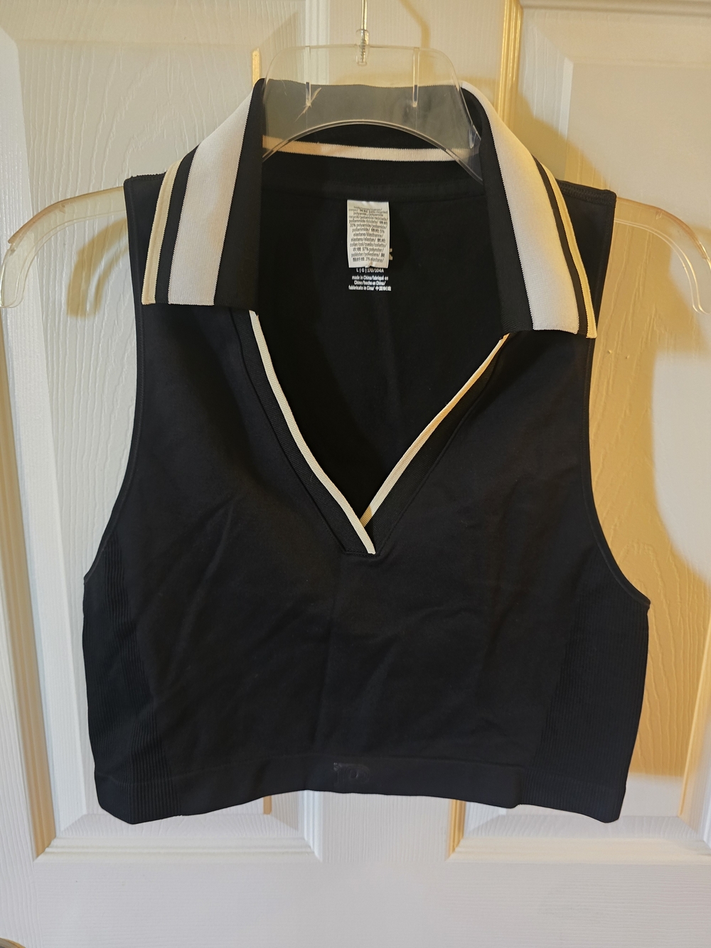 PINK Victoria's Secret Black Sleeveless Stretchy Polo Crop Top with White Trim